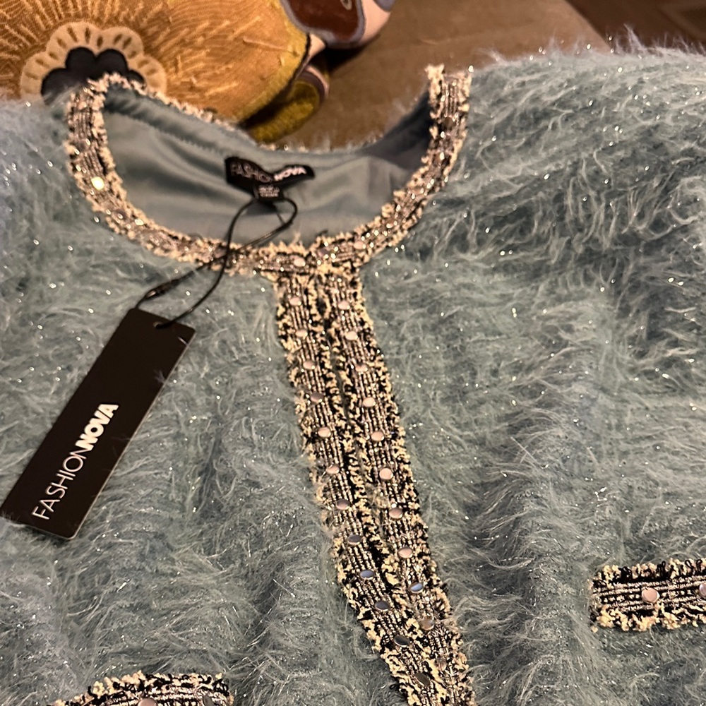 Fashion Nova Light Blue Fuzzy Jacket with Silver Details